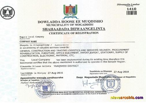 Somali Certificate of Registration